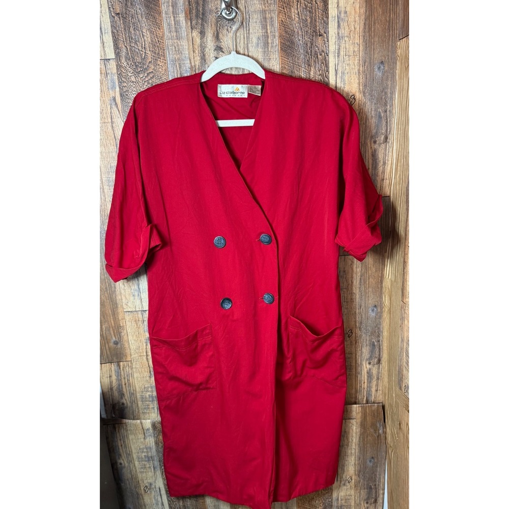 Liz Claiborne Red Double Breasted Wool Blend Dress Short Sleeve Pockets Midi